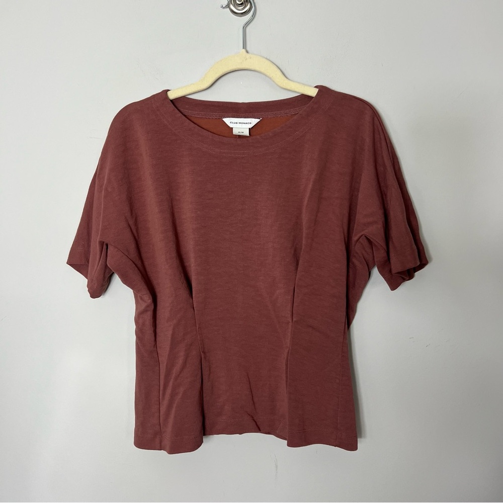 Club Monaco Brown Fitted Top Shirt Jersey Structured Short Sleeve Top Medium 605